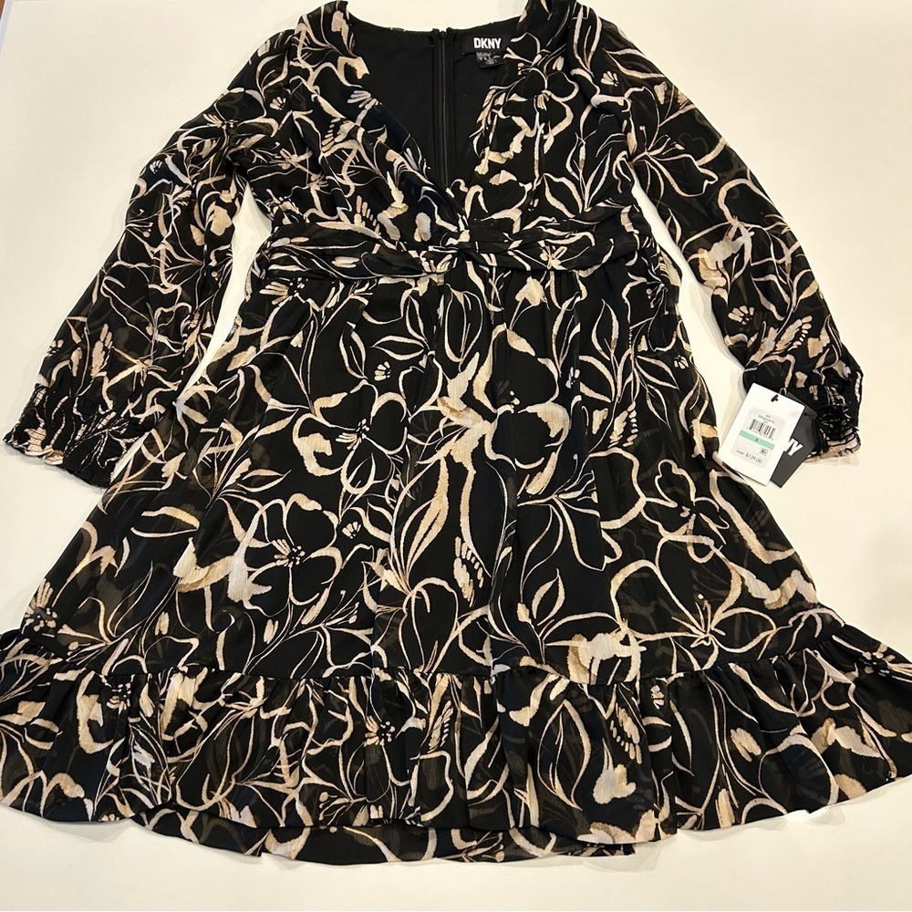 DKNY Black, Tan and Cream Floral Long Sleeve Chiffon Dress, Size 8, NWT - Picture 12 of 12